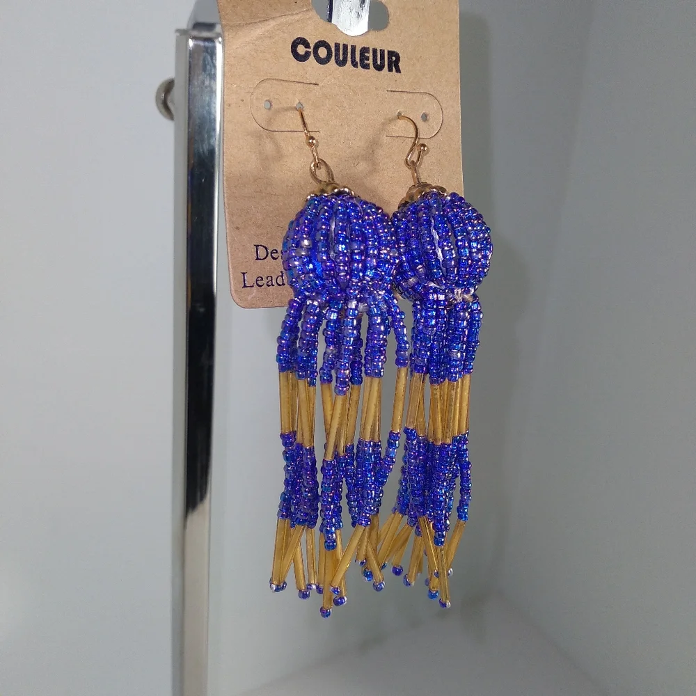 Blue and Gold Iridescent Beaded Tassel Earrings 3 FOR $13 Sale